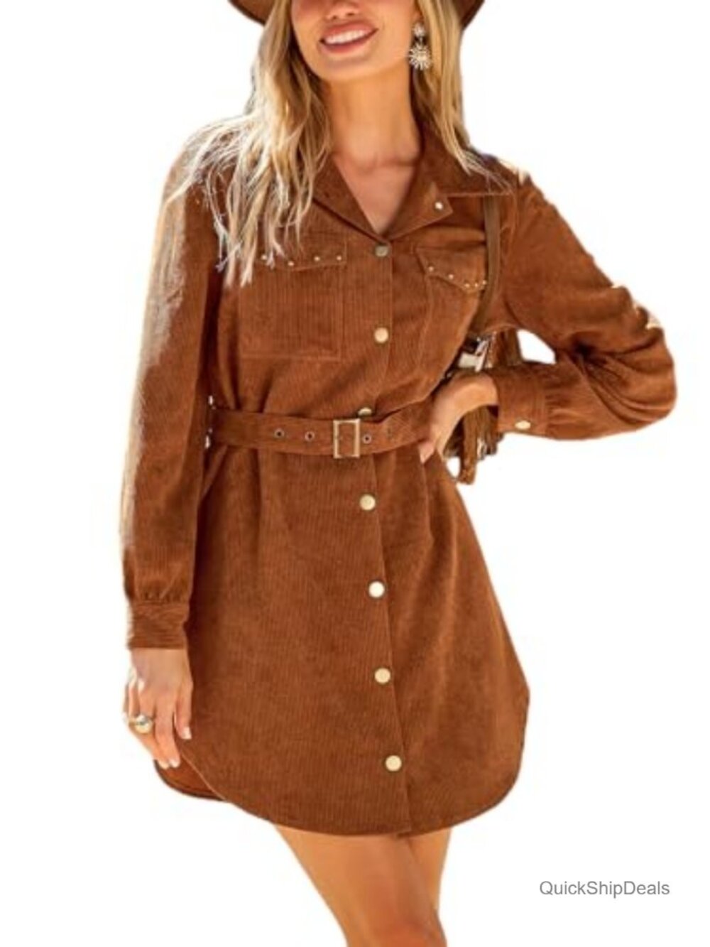 Long Sleeve Corduroy Mini Shirt Dress Belted Pockets Fitted Work